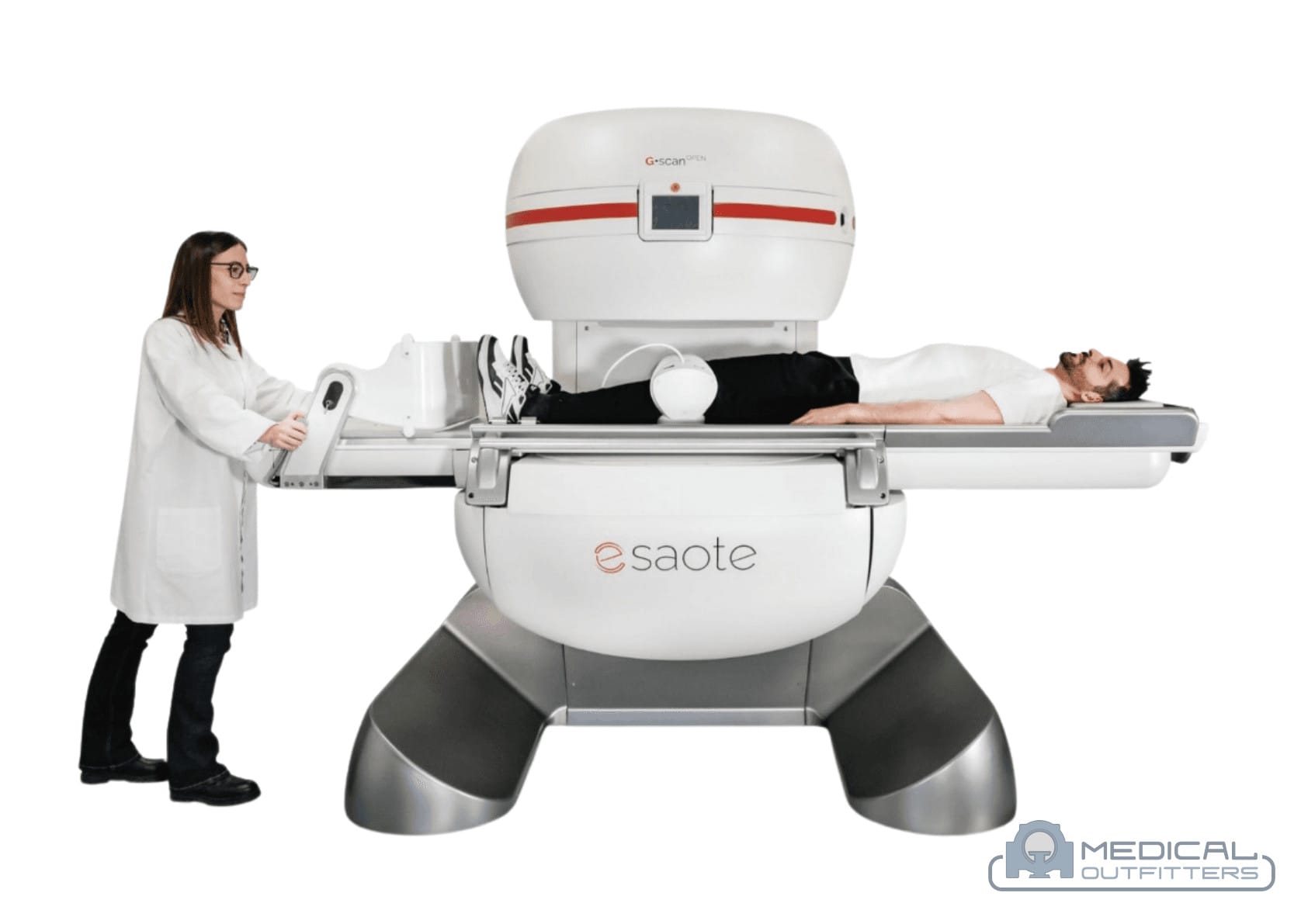 Esaote G-scan weight-bearing open MRI with the table tilted upright for a standing spine exam