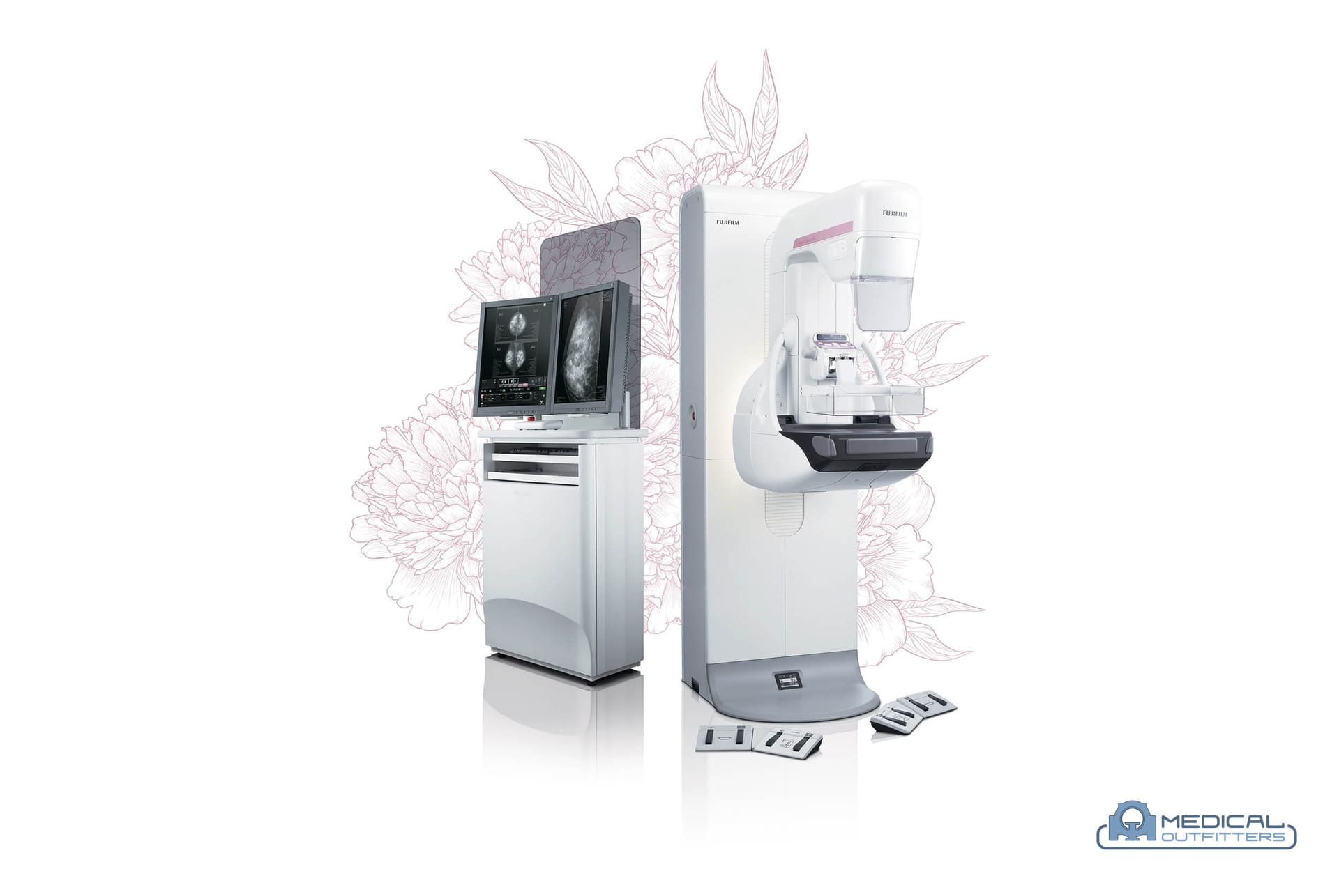 Fujifilm AMULET Innovality digital mammography and tomosynthesis system with its acquisition workstation, photo courtesy of Fujifilm, with the Medical Outfitters watermark