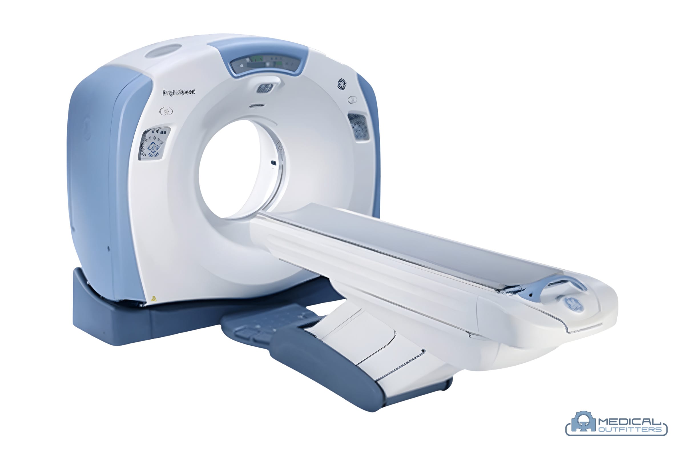 GE BrightSpeed CT: BrightSpeed, angled view with the table extended, with the Medical Outfitters watermark