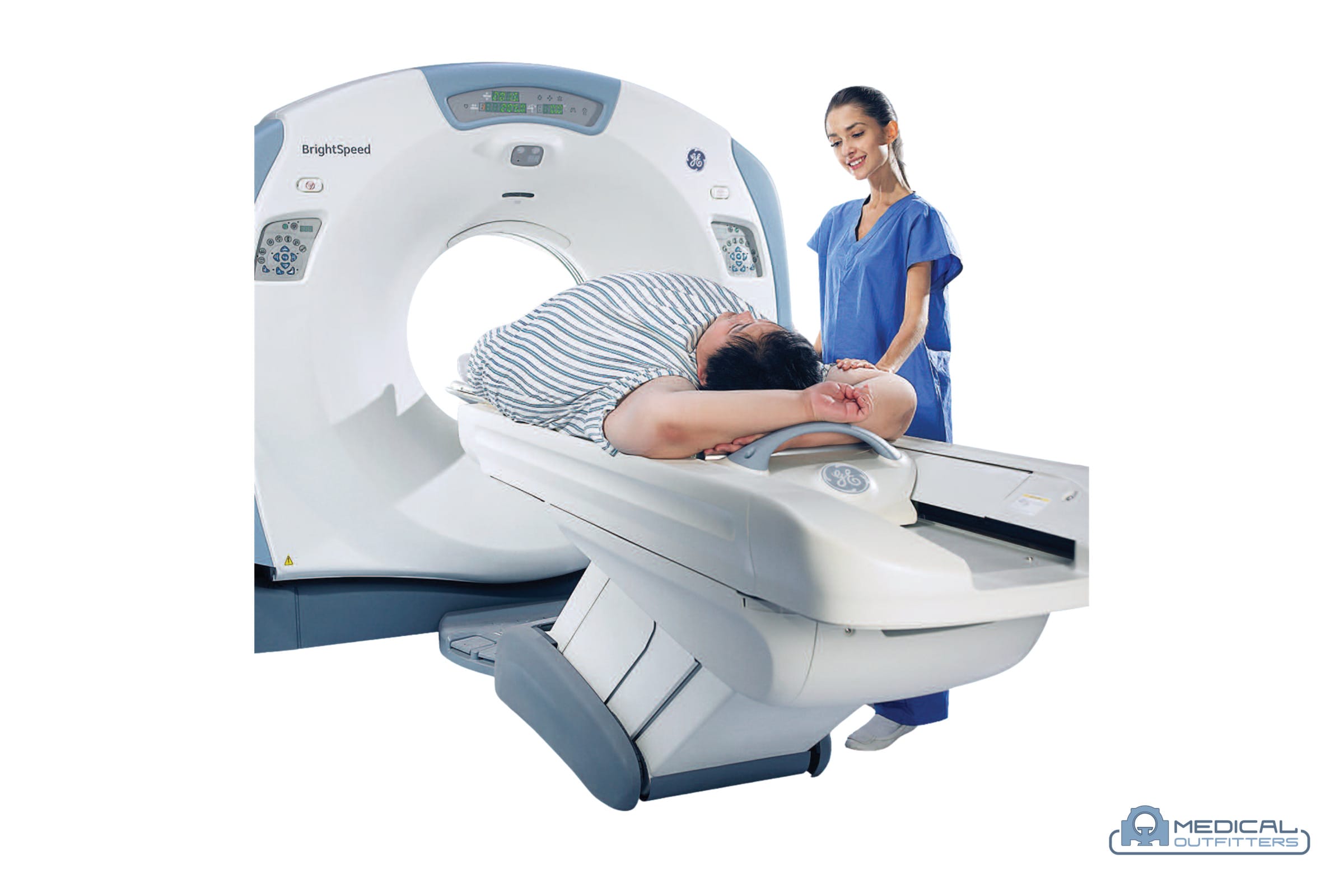 GE BrightSpeed CT: a patient positioned on the table with a technologist at the gantry, photo courtesy of GE HealthCare