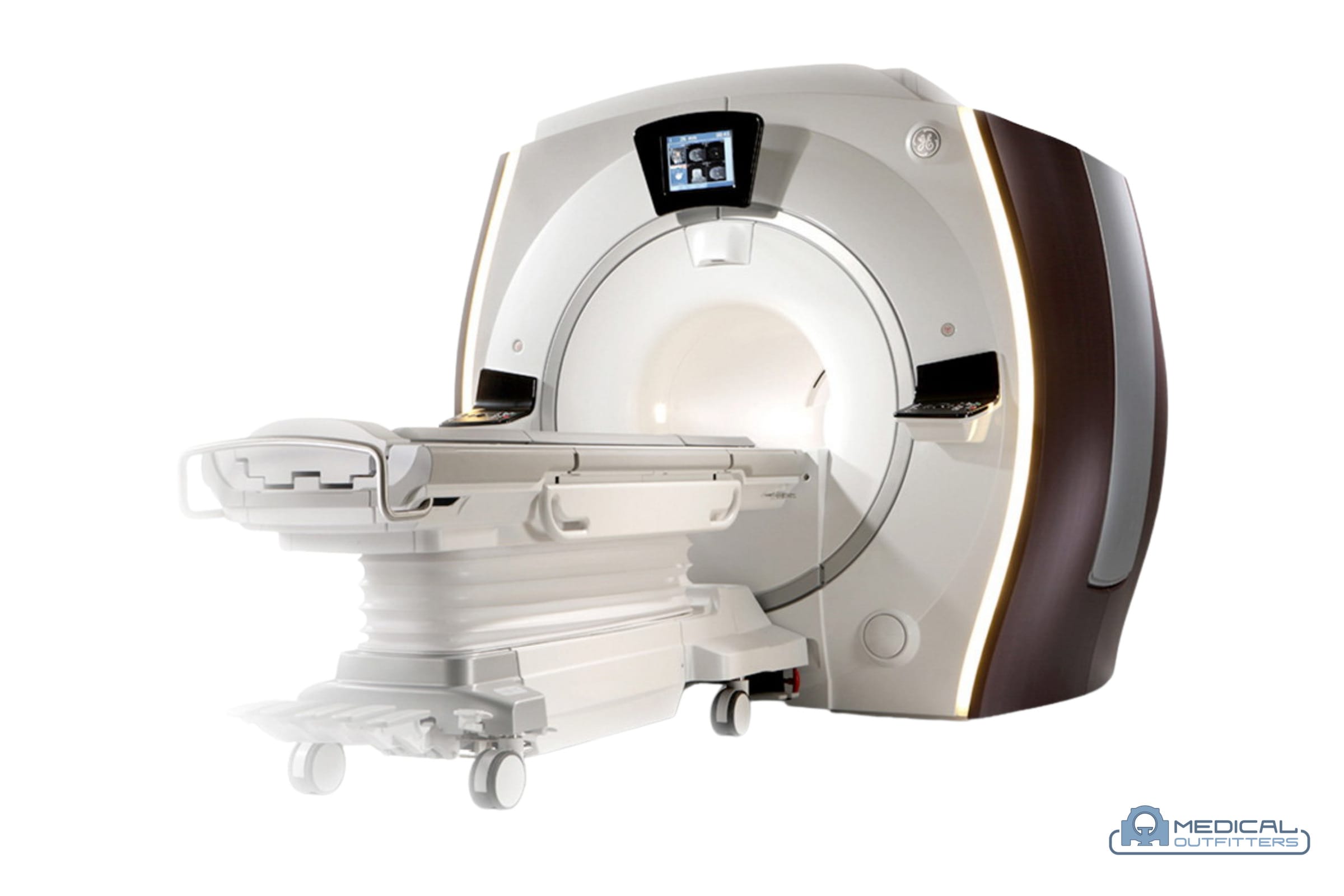 GE Discovery MR750w: angled view, with the Medical Outfitters watermark