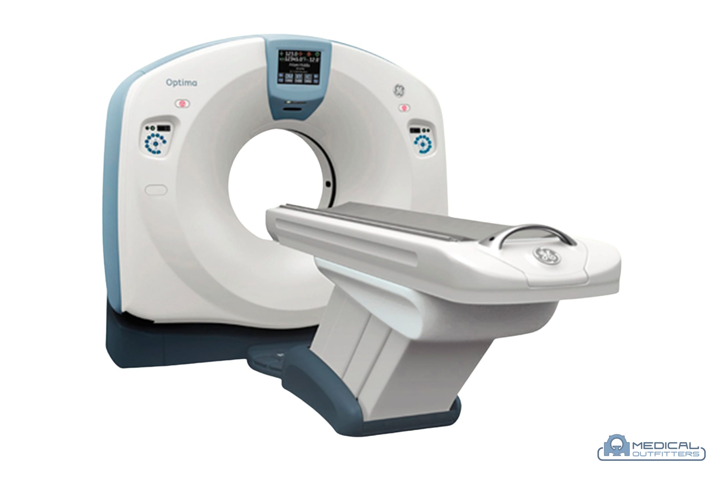 GE Optima CT660: angled view, with the Medical Outfitters watermark