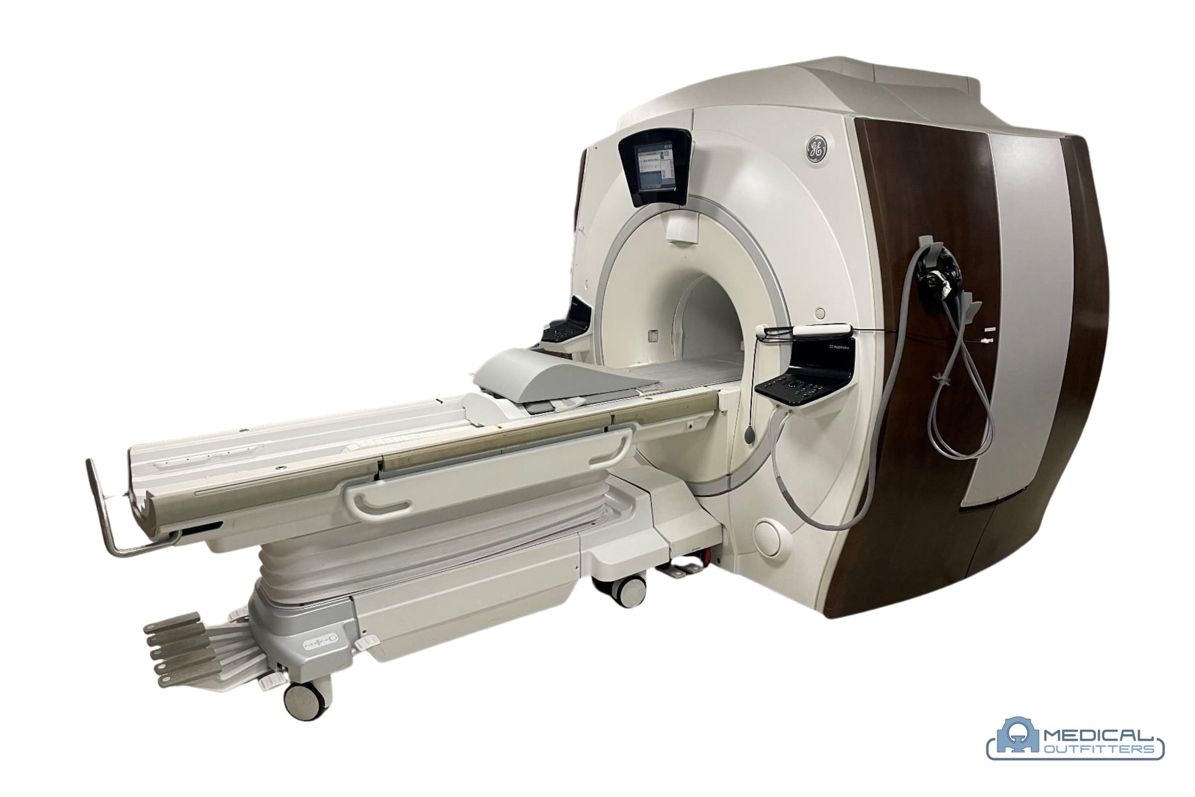 GE Optima MR450w: angled view with the patient table, with the Medical Outfitters watermark