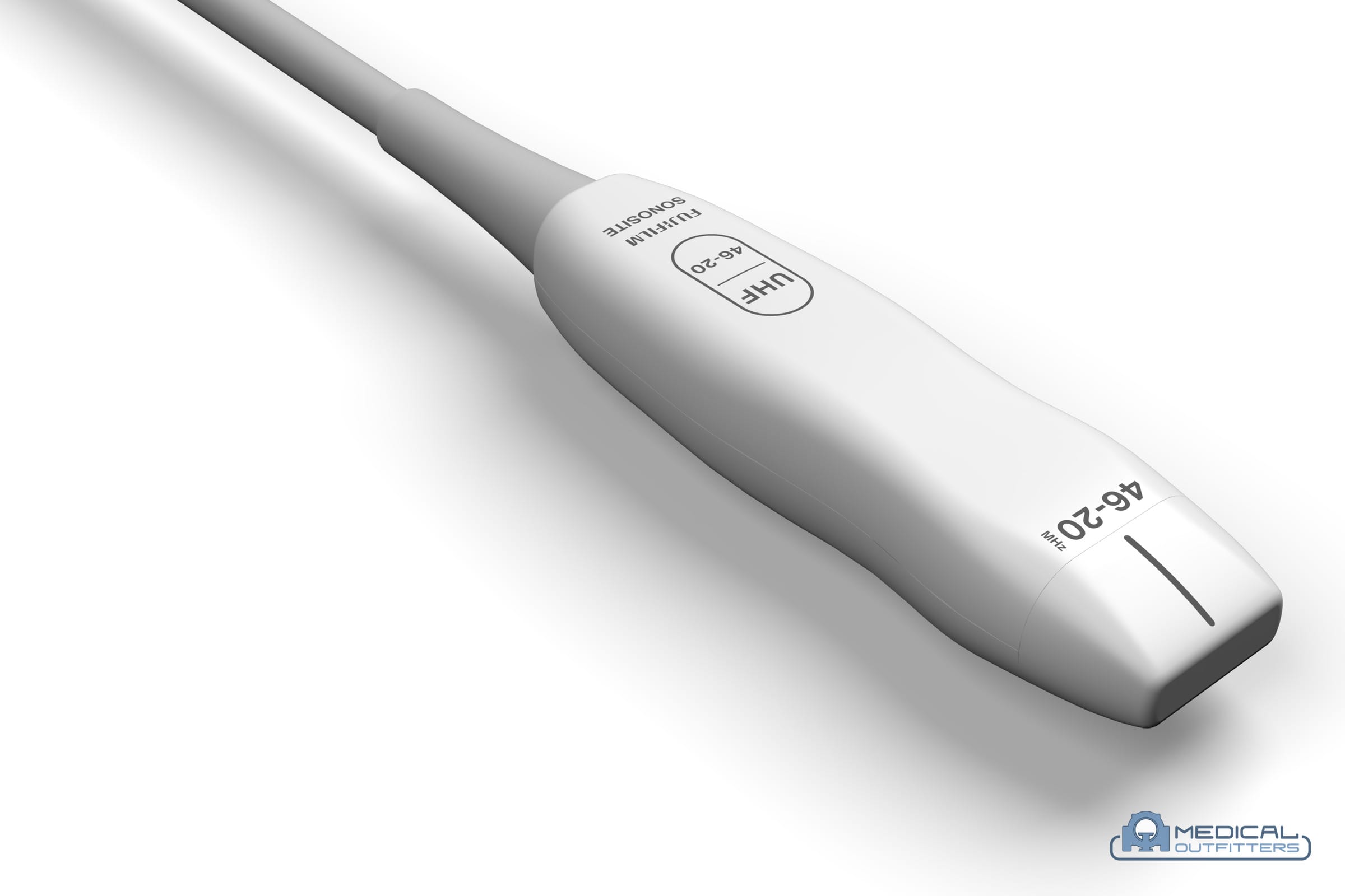Close-up of a Fujifilm Sonosite linear array ultrasound transducer, photo courtesy of Fujifilm Sonosite, with the Medical Outfitters watermark