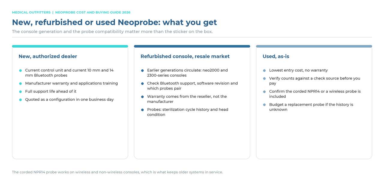 New, refurbished or used Neoprobe compared: what an authorized-dealer system includes versus a resale-market console versus an as-is unit