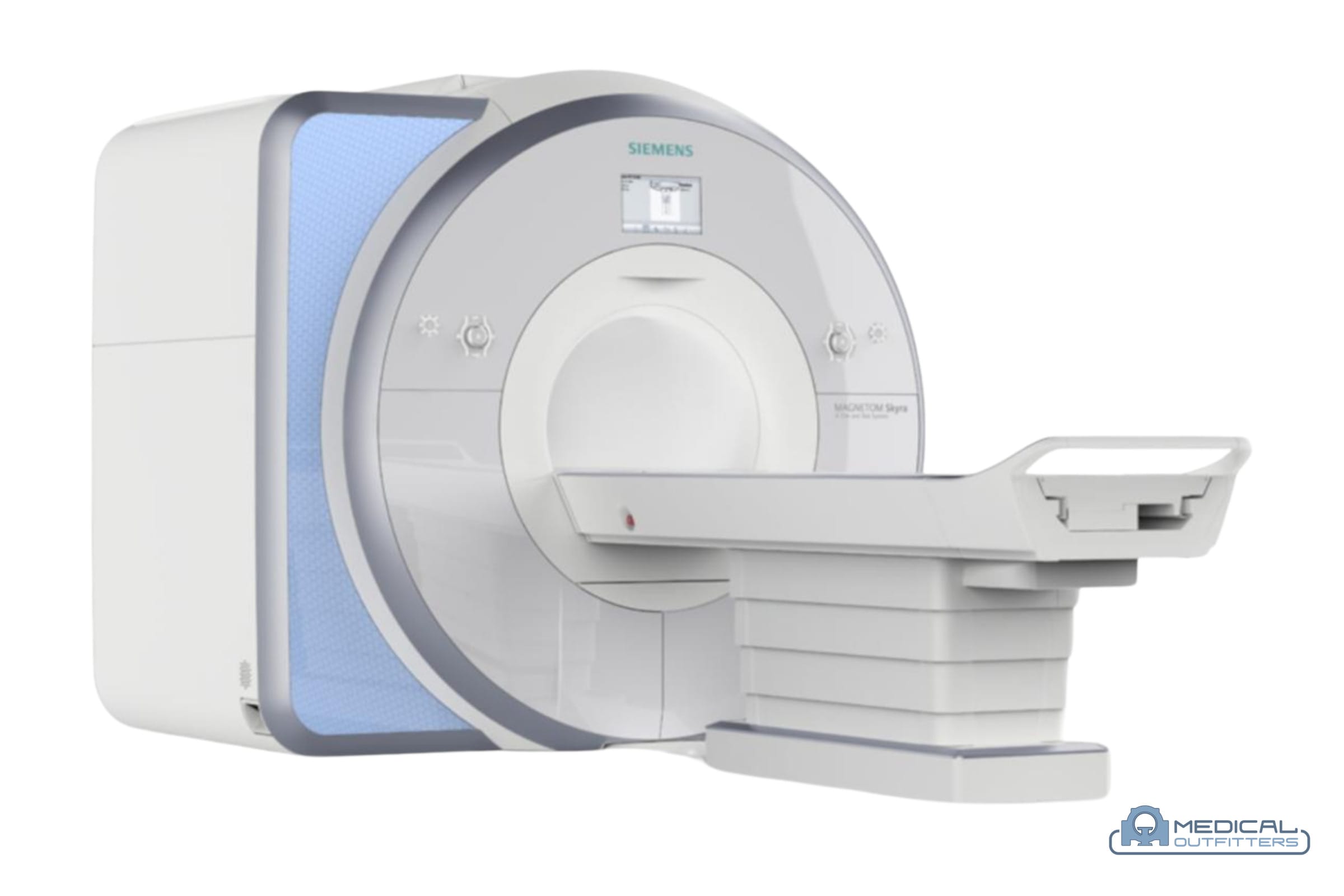 Siemens MAGNETOM Skyra: angled view with the patient table, photo courtesy of Siemens Healthineers