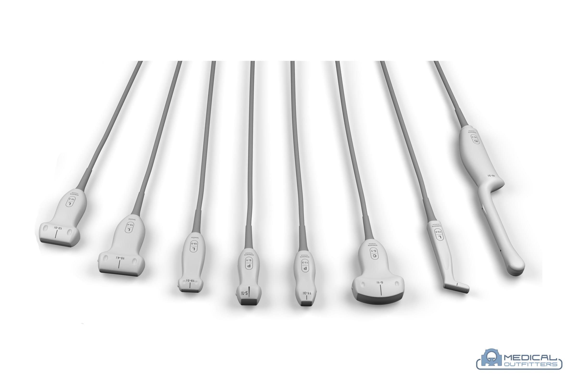 A family of Fujifilm Sonosite ultrasound transducers: linear, curved, phased array and endocavity probes, photo courtesy of Fujifilm Sonosite, with the Medical Outfitters watermark