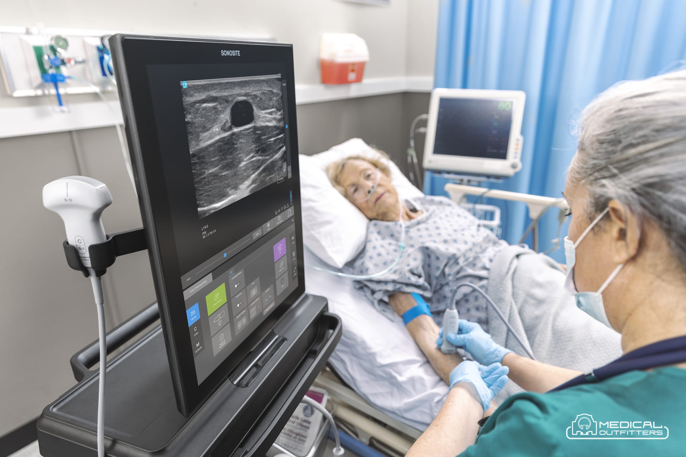 Fujifilm Sonosite ST point-of-care ultrasound system in use at the bedside, photo courtesy of Fujifilm Sonosite, with the Medical Outfitters watermark