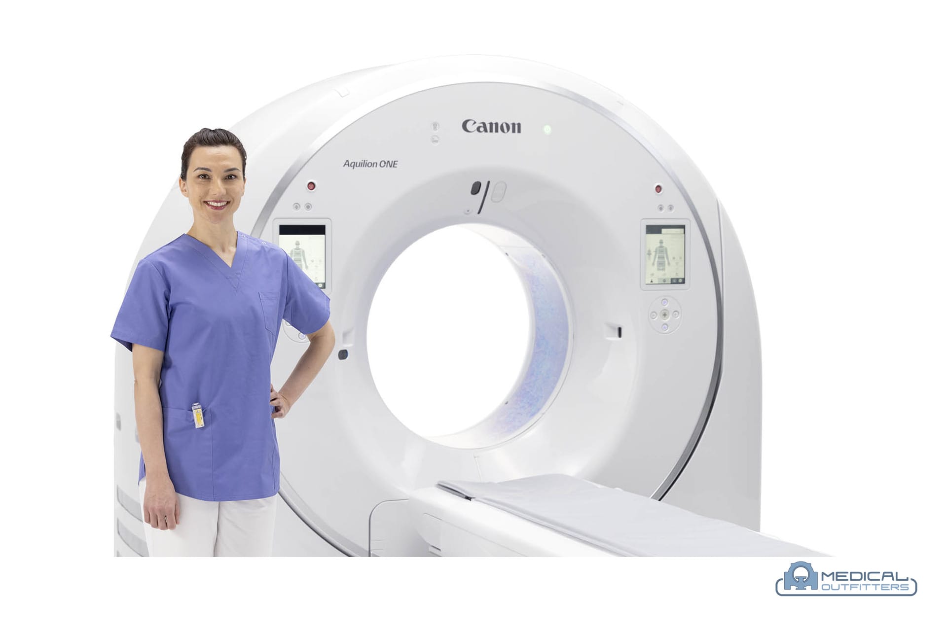 Toshiba and Canon Aquilion CT: Aquilion ONE with a technologist, photo courtesy of Canon Medical Systems, with the Medical Outfitters watermark