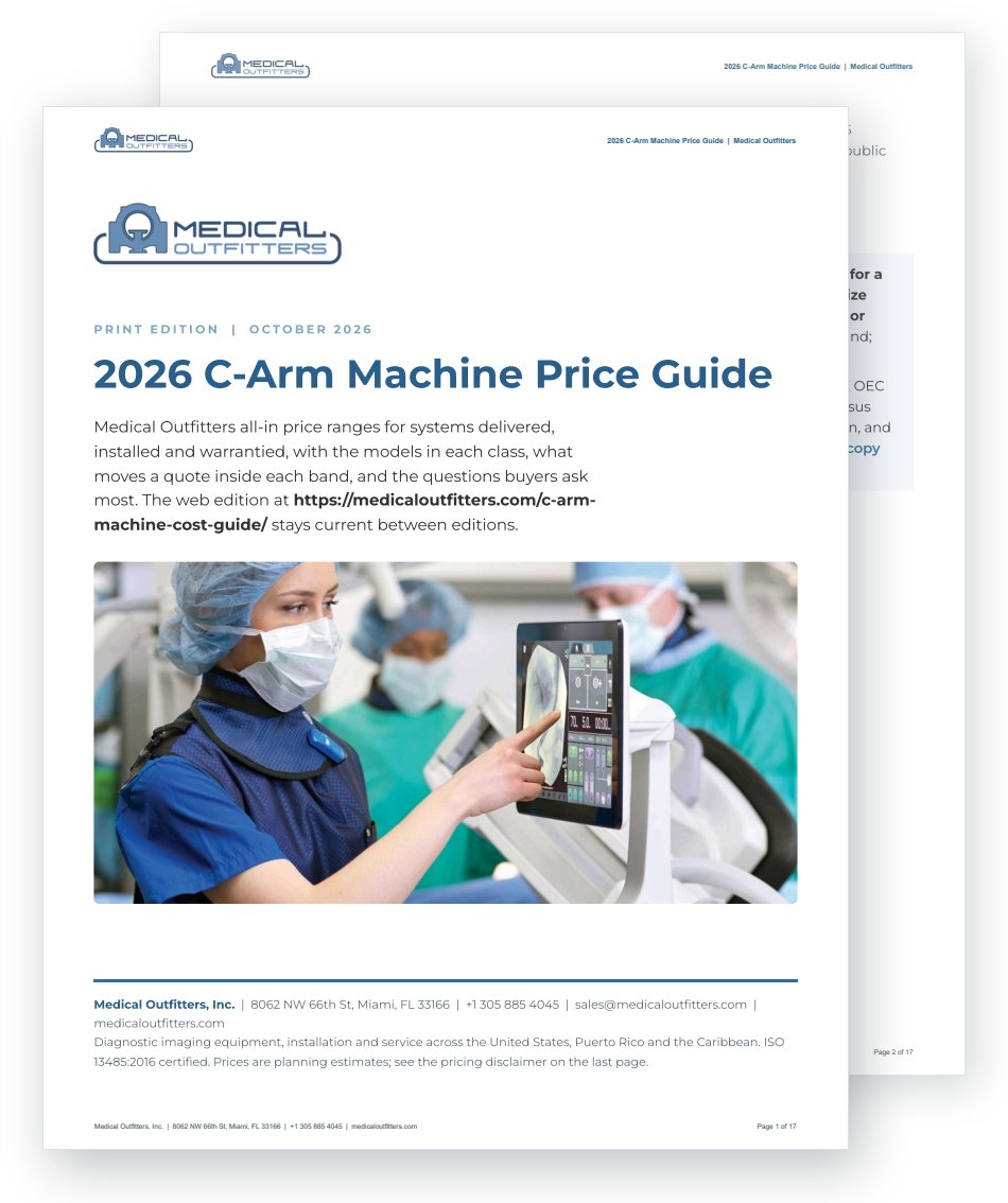 Cover of the print edition of the 2026 C-Arm Machine Price Guide (PDF), with page two behind it