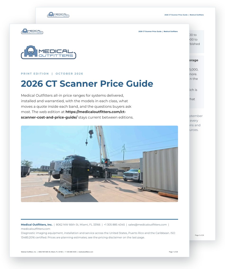 Cover of the print edition of the 2026 CT Scanner Price Guide (PDF), with page two behind it