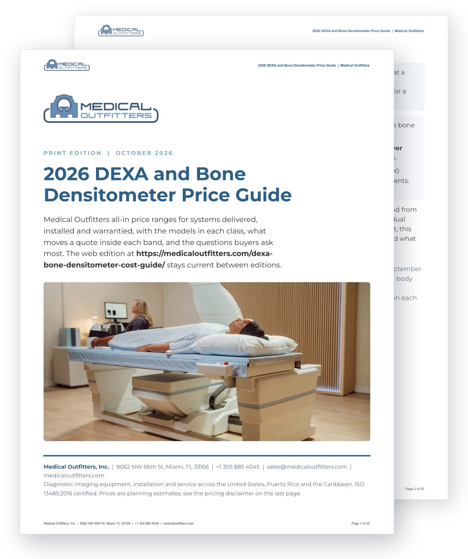 Cover of the print edition of the 2026 DEXA and Bone Densitometer Price Guide (PDF), with page two behind it