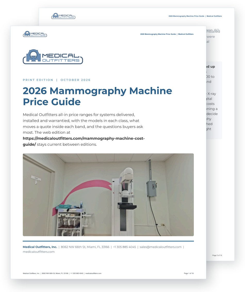 Cover of the print edition of the 2026 Mammography Machine Price Guide (PDF), with page two behind it