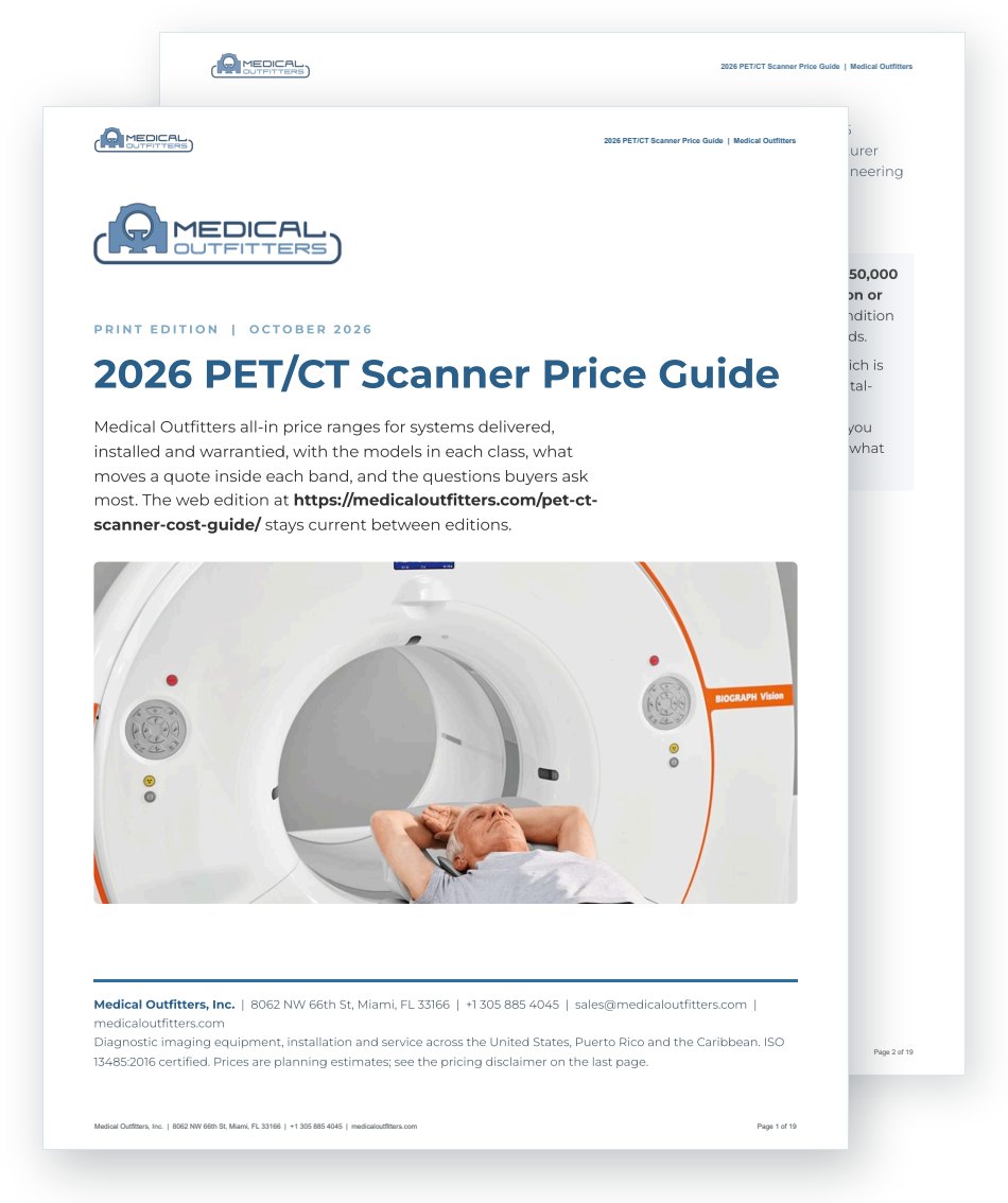 Cover of the print edition of the 2026 PET/CT Scanner Price Guide (PDF), with page two behind it