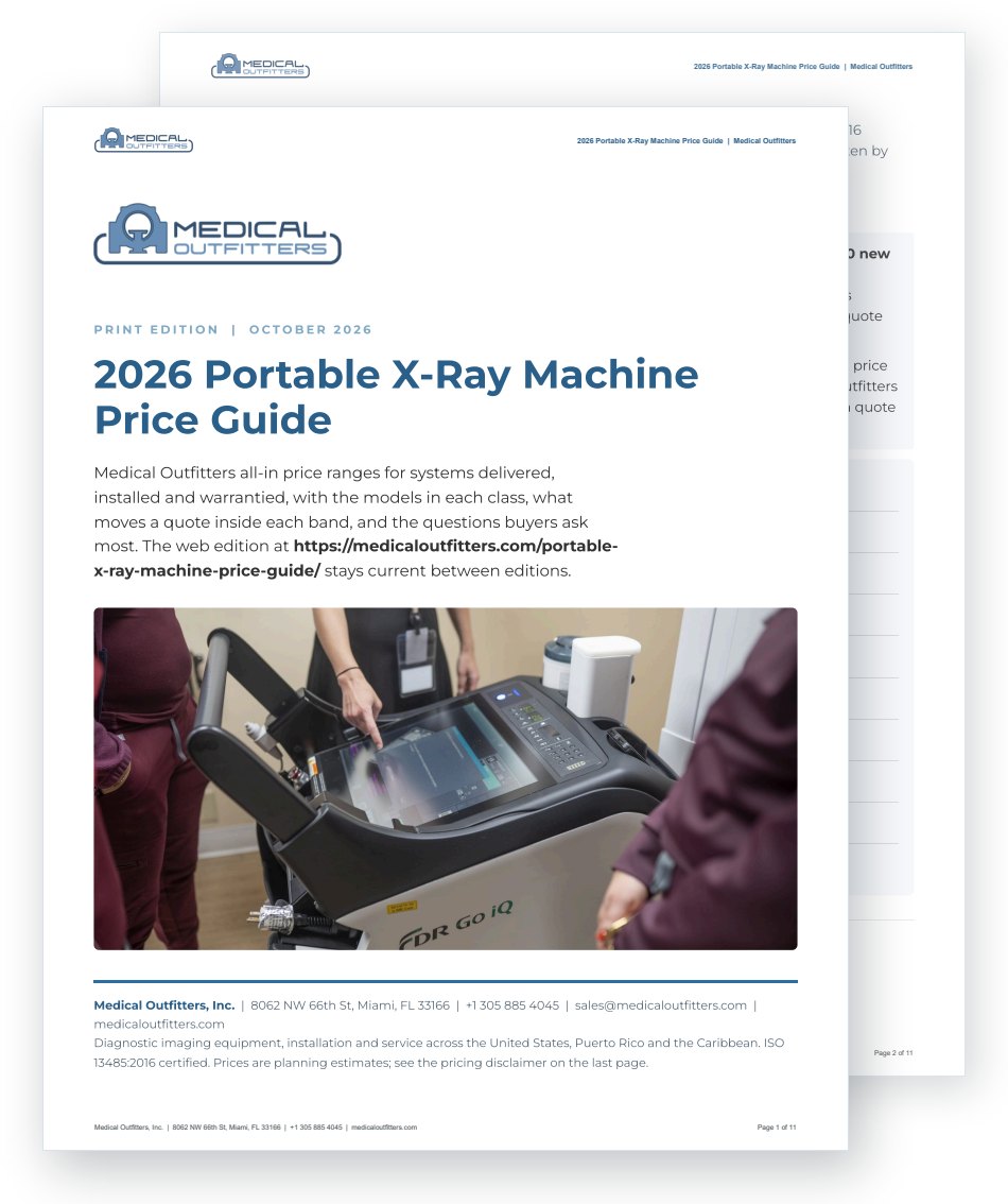 Cover of the print edition of the 2026 Portable X-Ray Machine Price Guide (PDF), with page two behind it