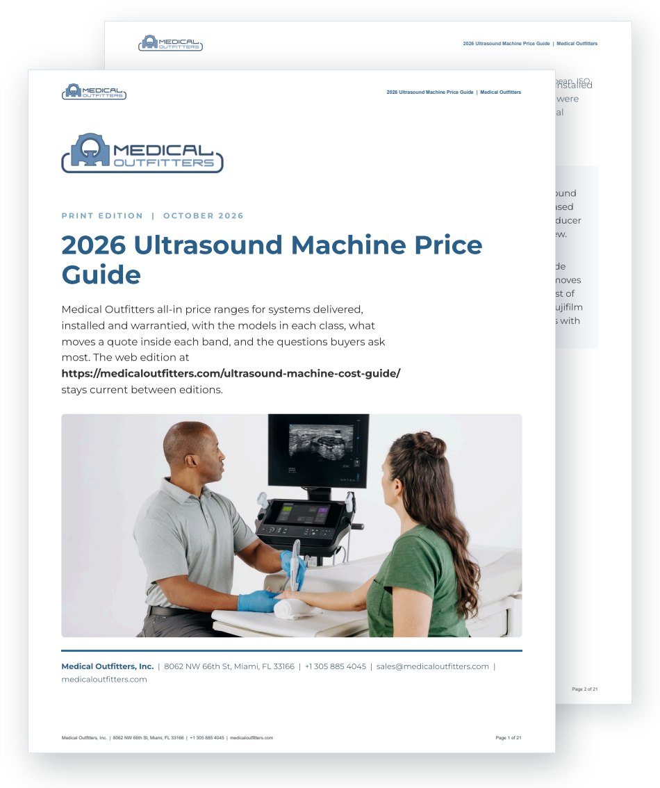 Cover of the print edition of the 2026 Ultrasound Machine Price Guide (PDF), with page two behind it