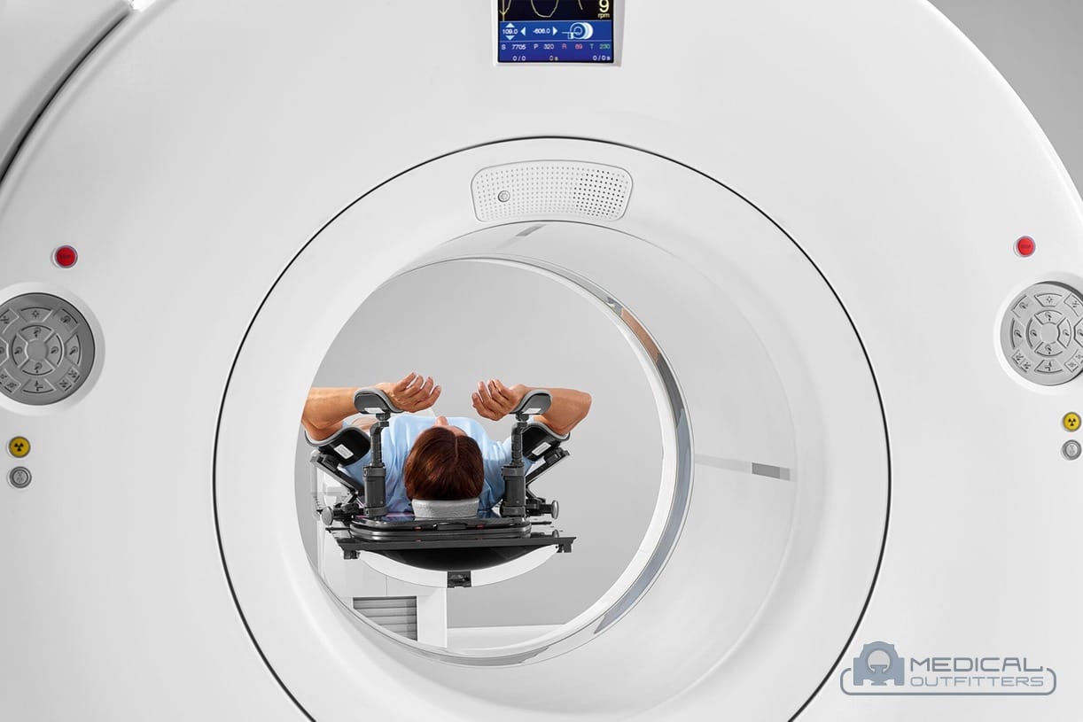 Patient seen through the bore of a Siemens Biograph Vision PET/CT scanner, photo courtesy of Siemens Healthineers